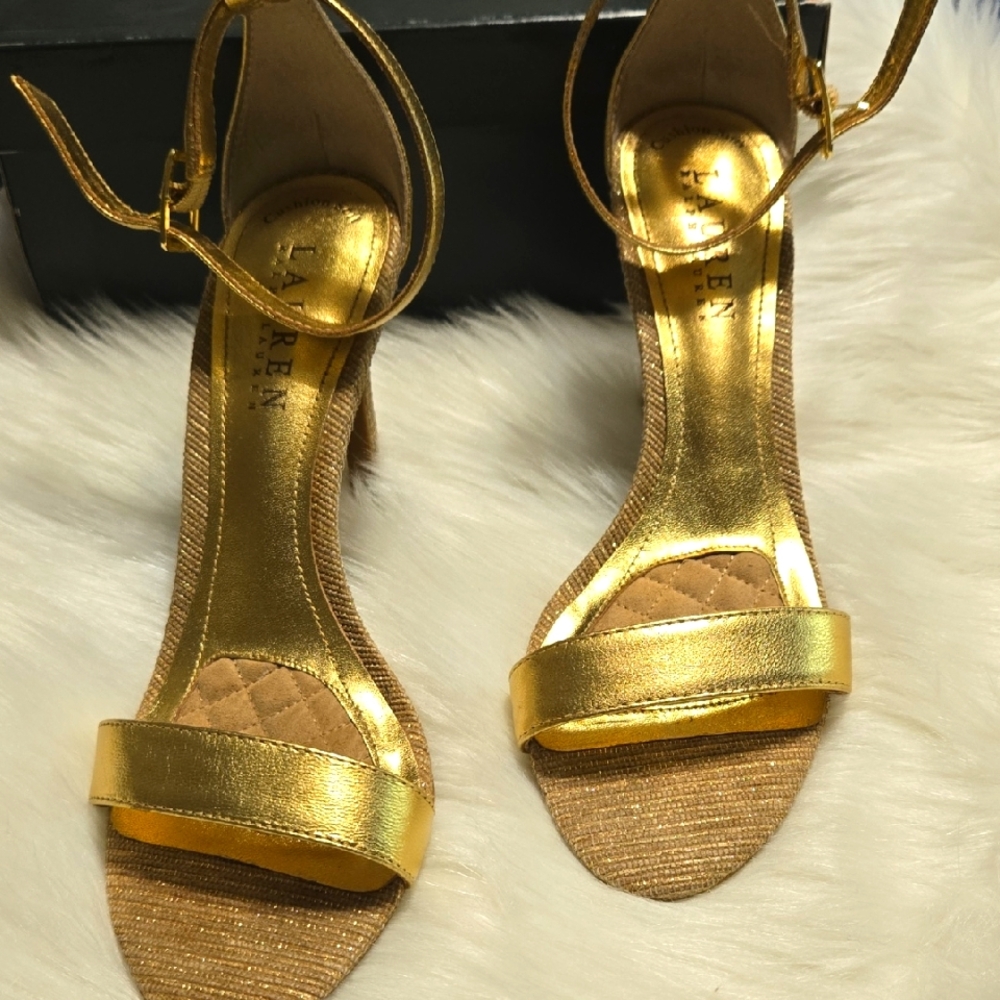 Lauren Ralph Lauren Gold Heels Elegant Metallic Sandal, Like New